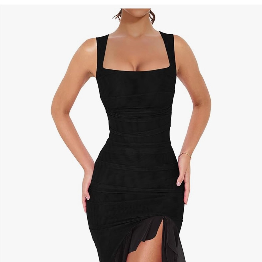 Amazon Black Midi Dress with Square Neckline